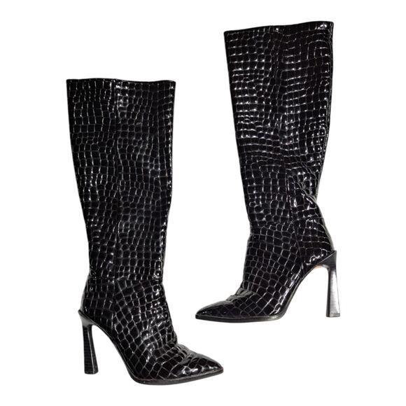 Vince Camuto Pelsna Black Croc Embossed Patent Leather Knee High Heel Boots 5 - Picture 1 of 6